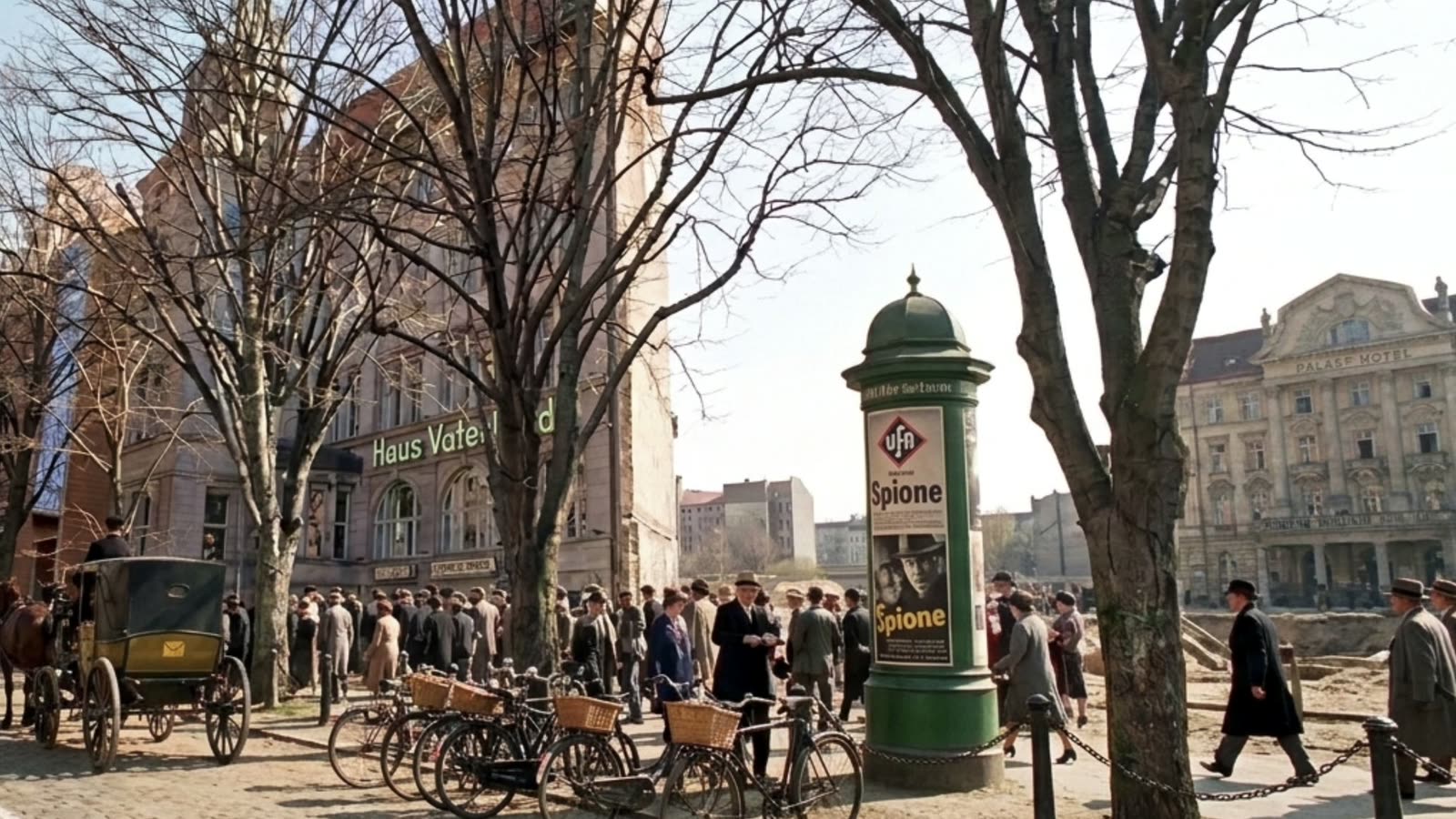 Potsdamer Platz in 1928, crowds, a horse cart and an advertising column