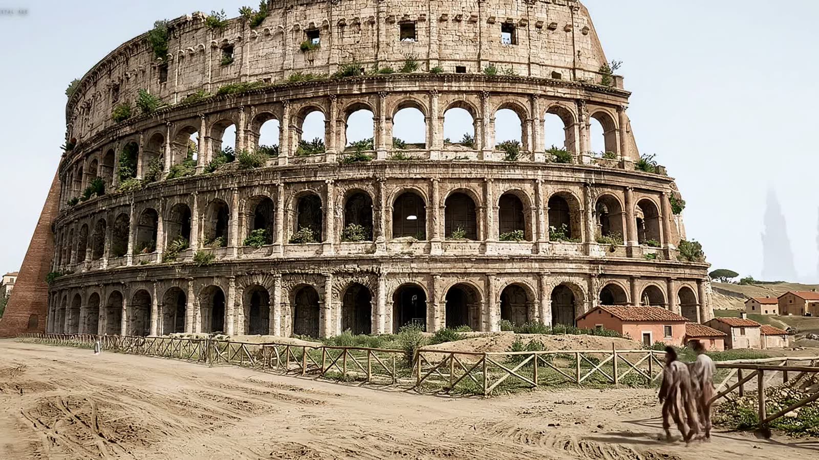 The Colosseum in 1700, overgrown, with a dirt road and figures walking