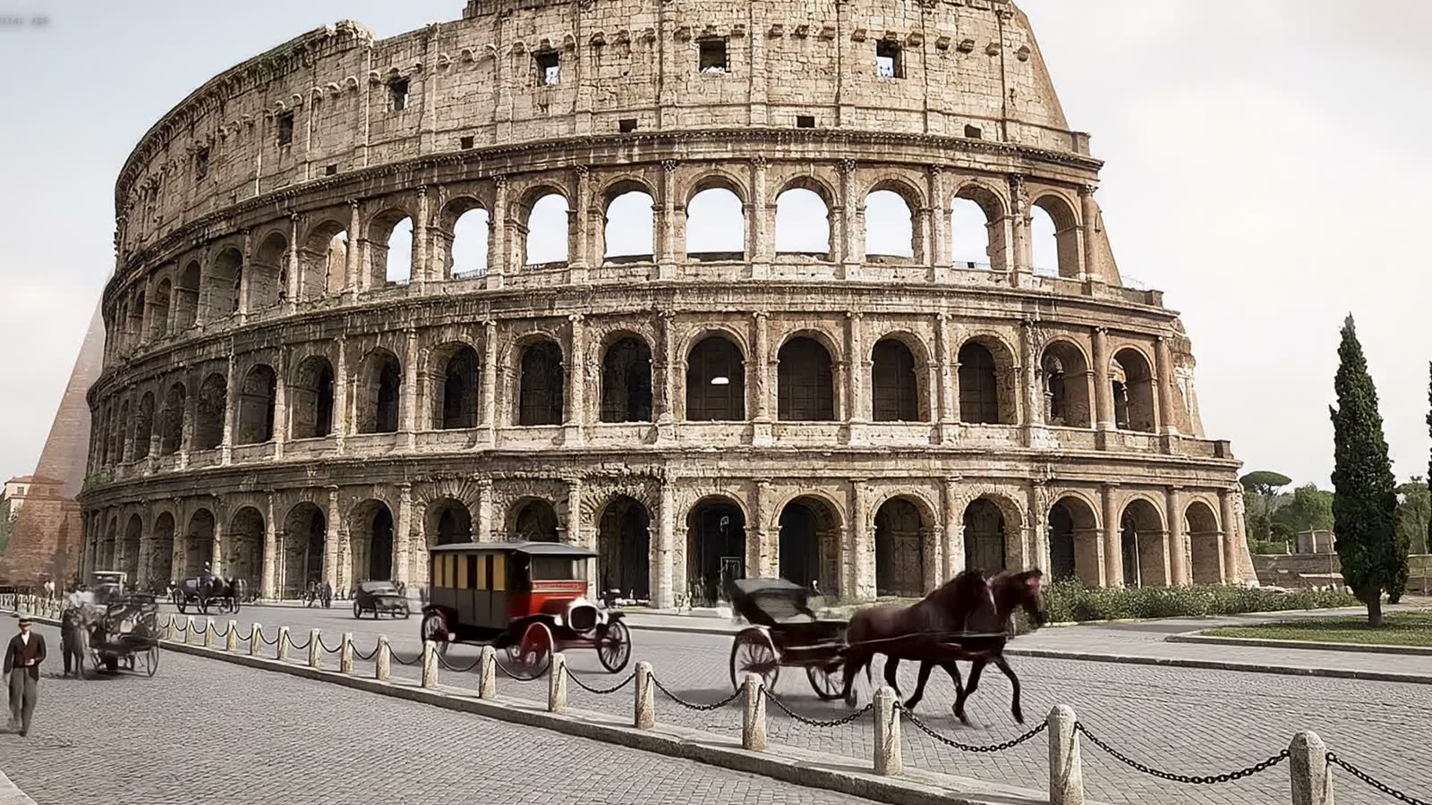 The Colosseum in 1810, horse carriages on a paved road